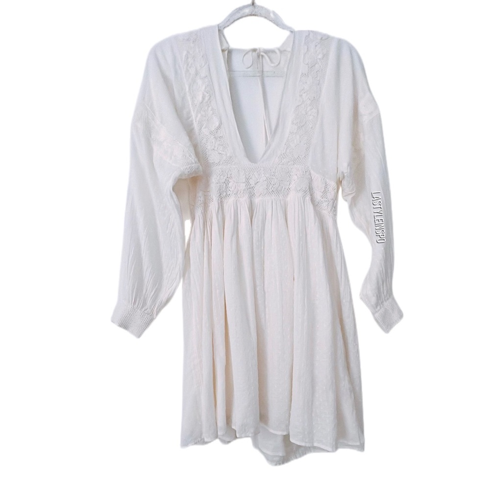 Free People Long Sleeved Dress Cut Back 100% Cotton Laced White Medium